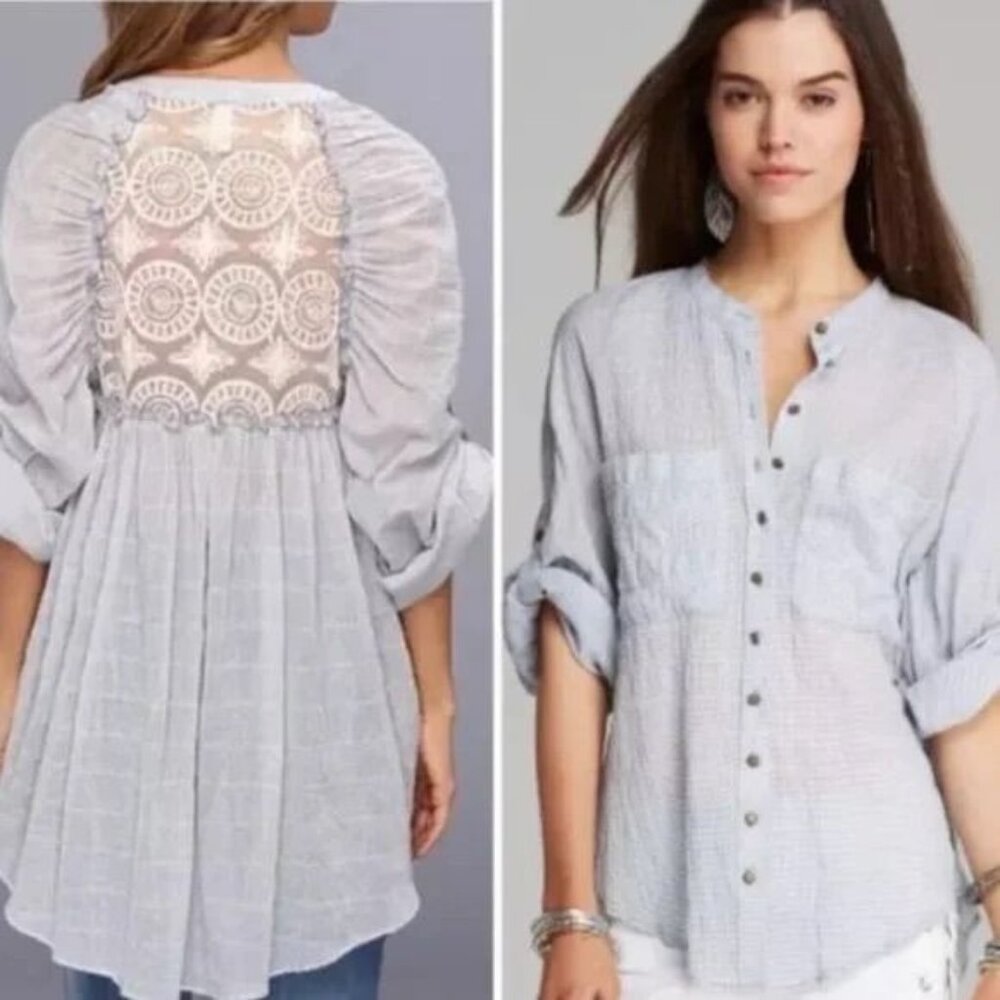 Free People women's small blue put your back into it lace inset tunic top blouse